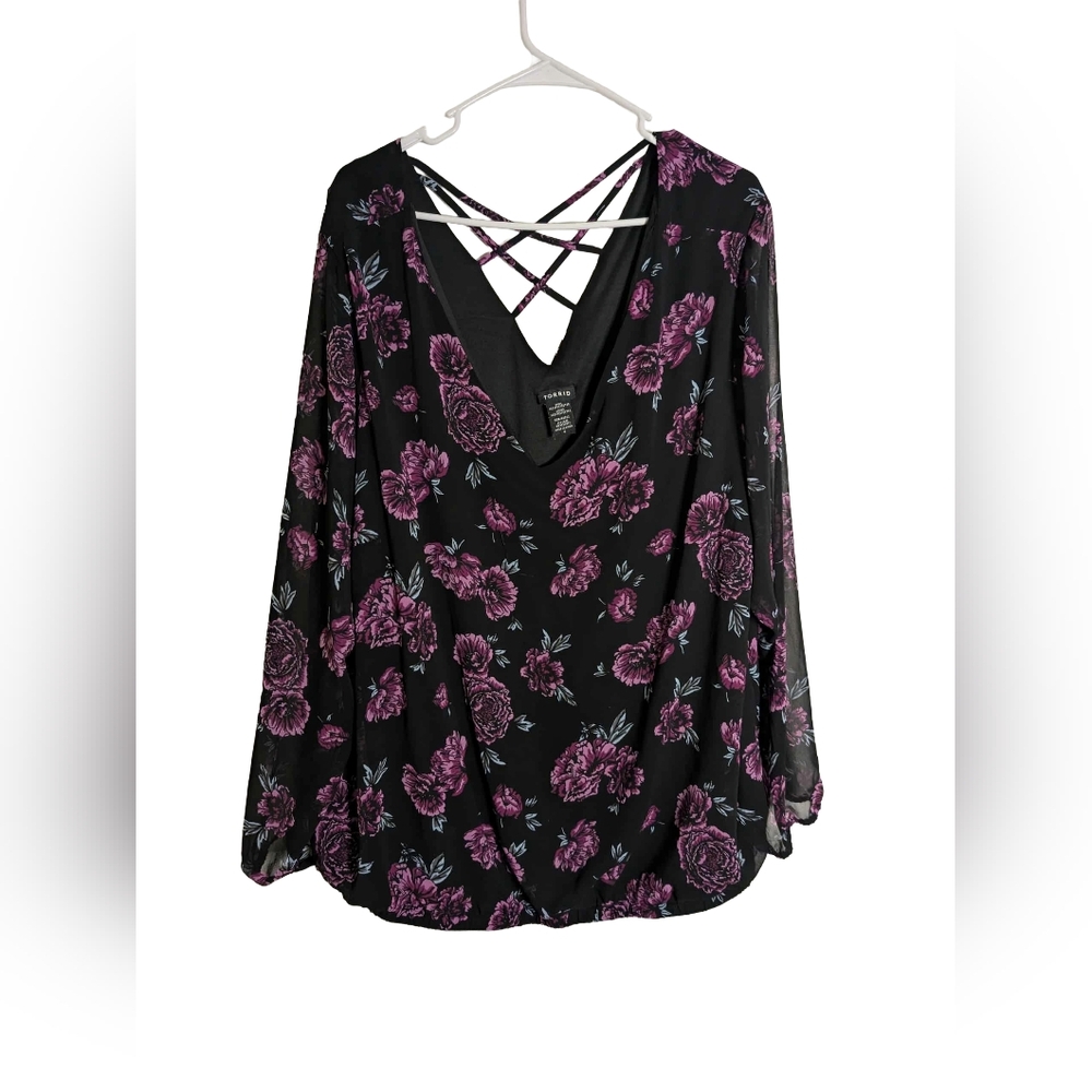 Torrid Black and Purple Floral Blouse with Crisscross Back